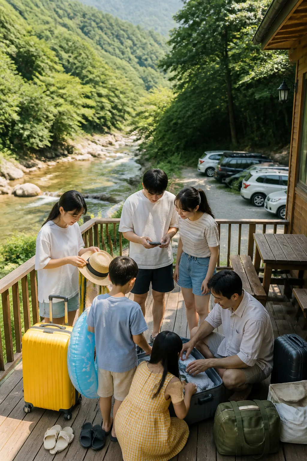 계곡과 숲을 바라보는 강원도계곡펜션에서 가족과 친구들이 여행 짐을 정리하는 모습