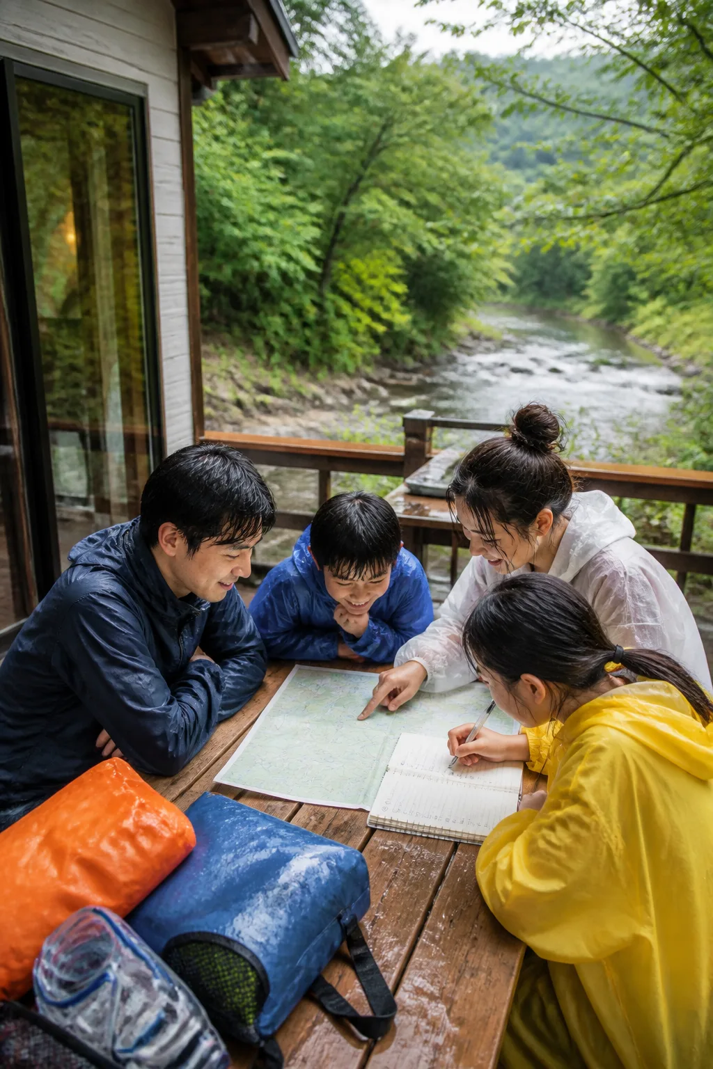 강원도계곡펜션에서 가족과 친구가 계곡 이용 조건과 우천 대체 일정을 확인하는 모습