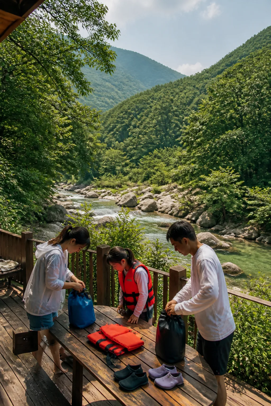 강원도계곡펜션에서 가족과 친구가 계곡 물놀이 장비를 준비하는 모습