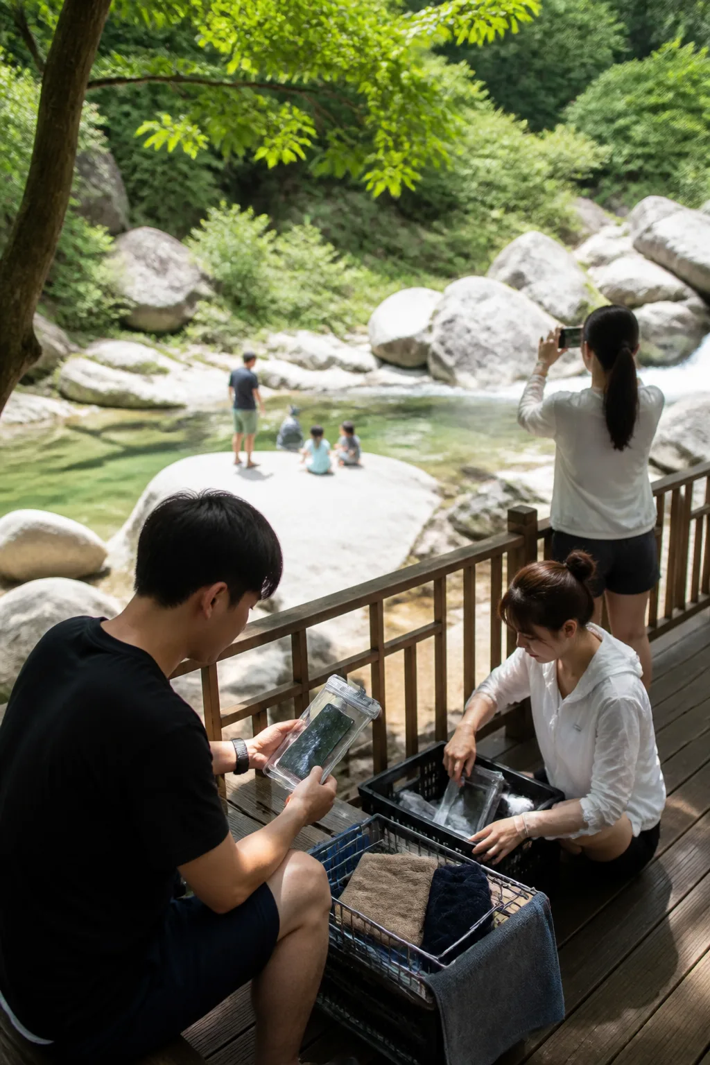 강원도계곡펜션에서 가족과 친구들이 계곡 주변 전자기기를 안전하게 보관하며 여행 사진을 촬영하는 모습