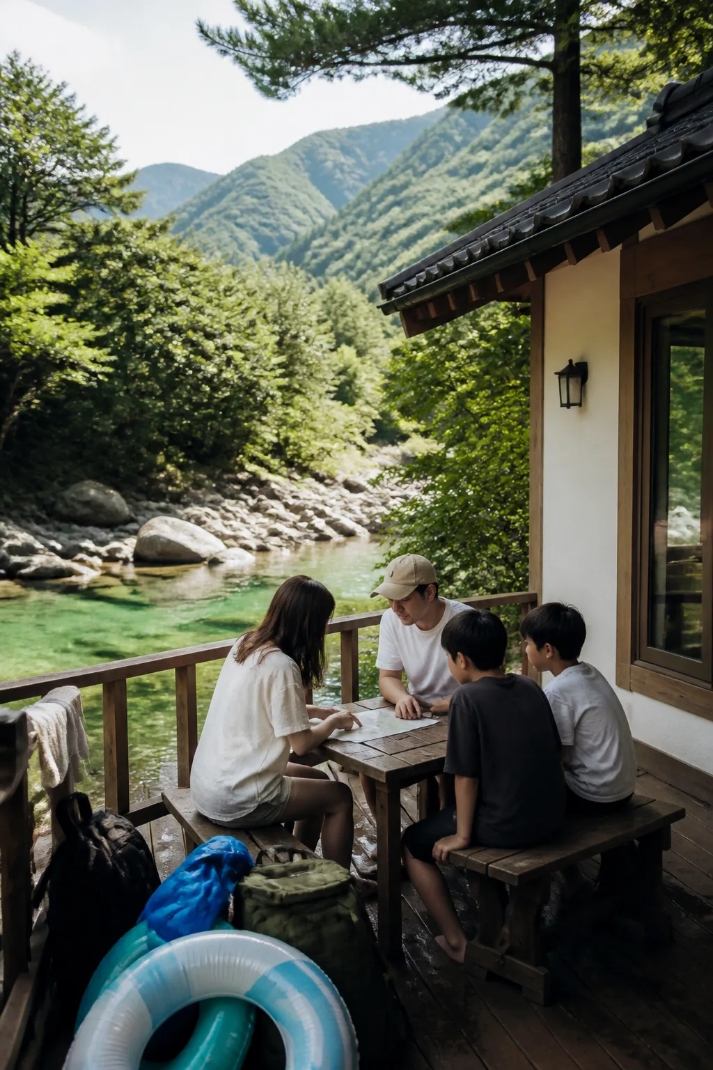 강원도계곡펜션 주변 계곡에서 가족과 친구가 자연 풍경과 여행 일정을 살펴보는 모습