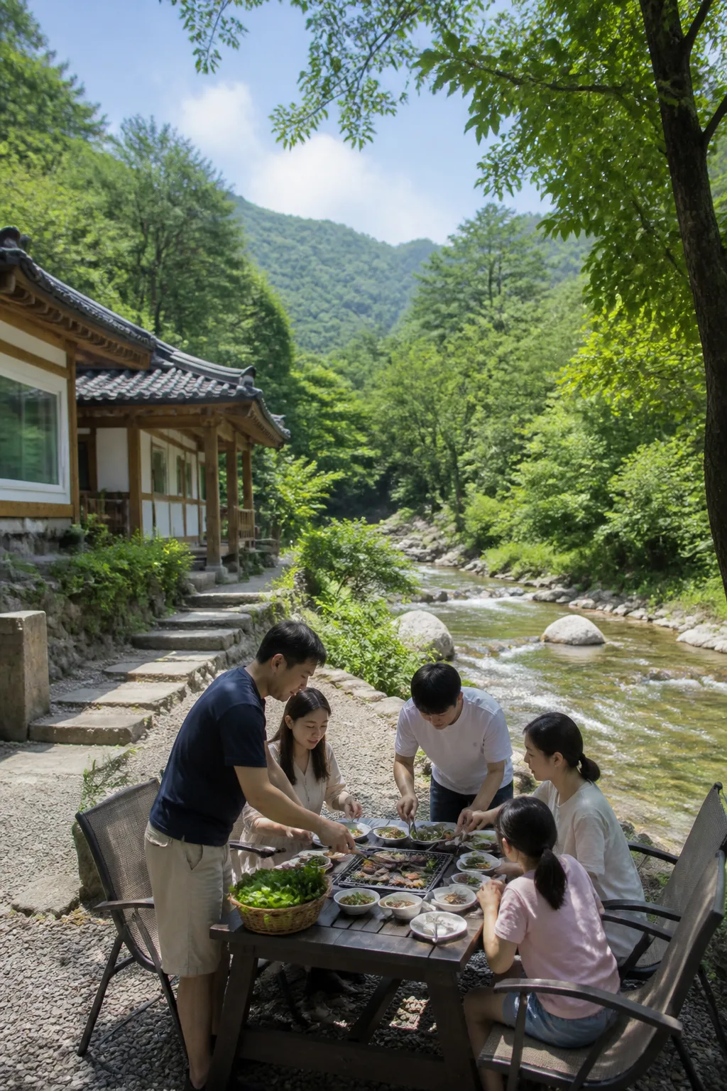 계곡과 숲이 보이는 강원도계곡펜션 야외 취사 공간과 가족 여행 장면