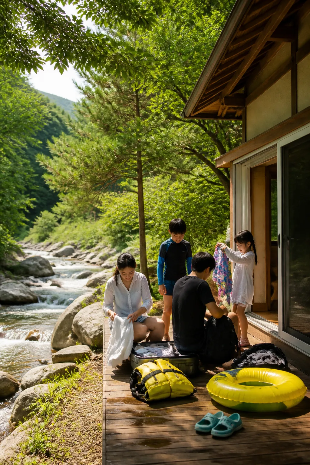 강원도계곡펜션 객실 앞에서 가족과 친구가 계곡 물놀이 장비를 정리하는 자연스러운 여행 장면