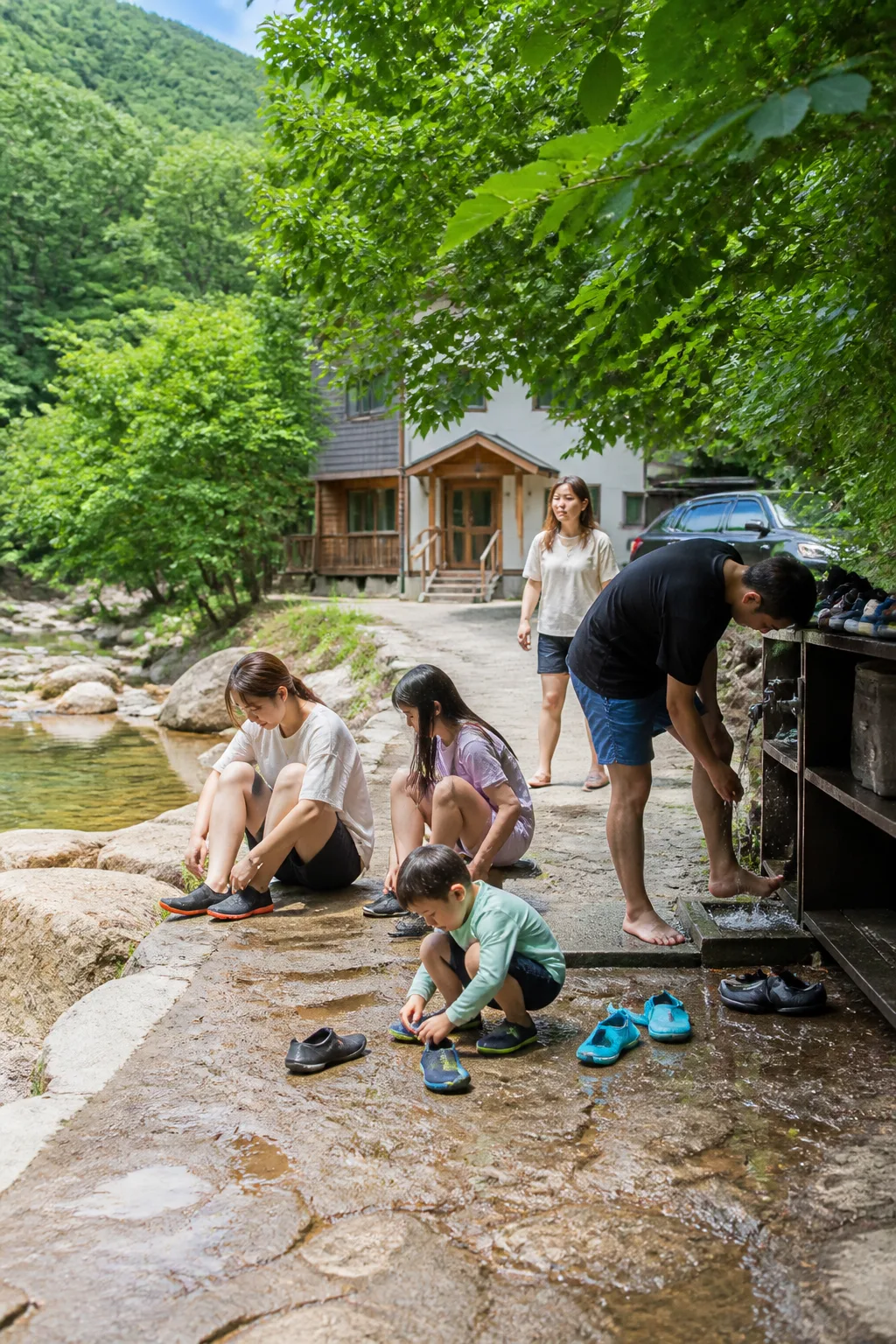 계곡 접근로와 외부 발 세척 공간이 보이는 강원도계곡펜션 여행 장면