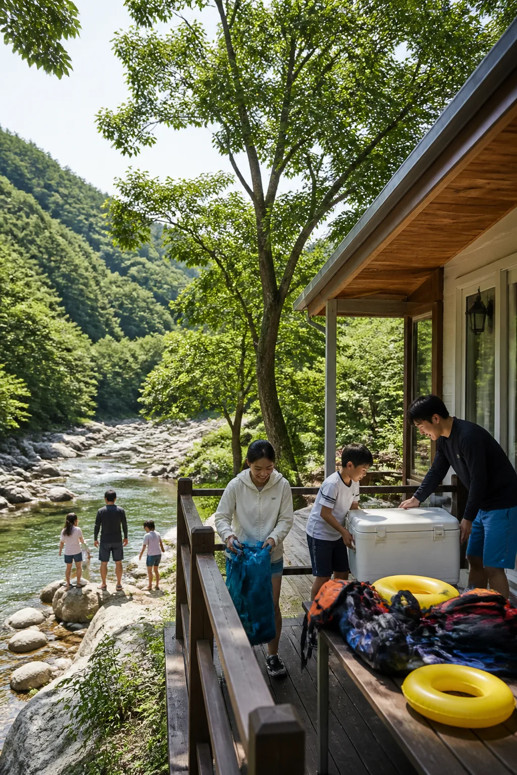 계곡과 펜션 주변에서 여행 예산과 장비를 정리하는 가족·친구들의 강원도계곡펜션 여행 장면