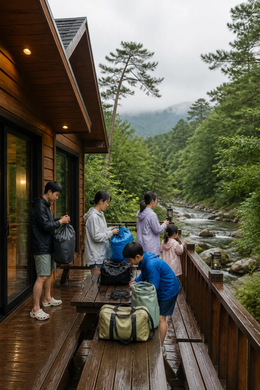 계곡 접근로를 확인하며 여행 짐을 정리하는 강원도계곡펜션 가족 여행 모습