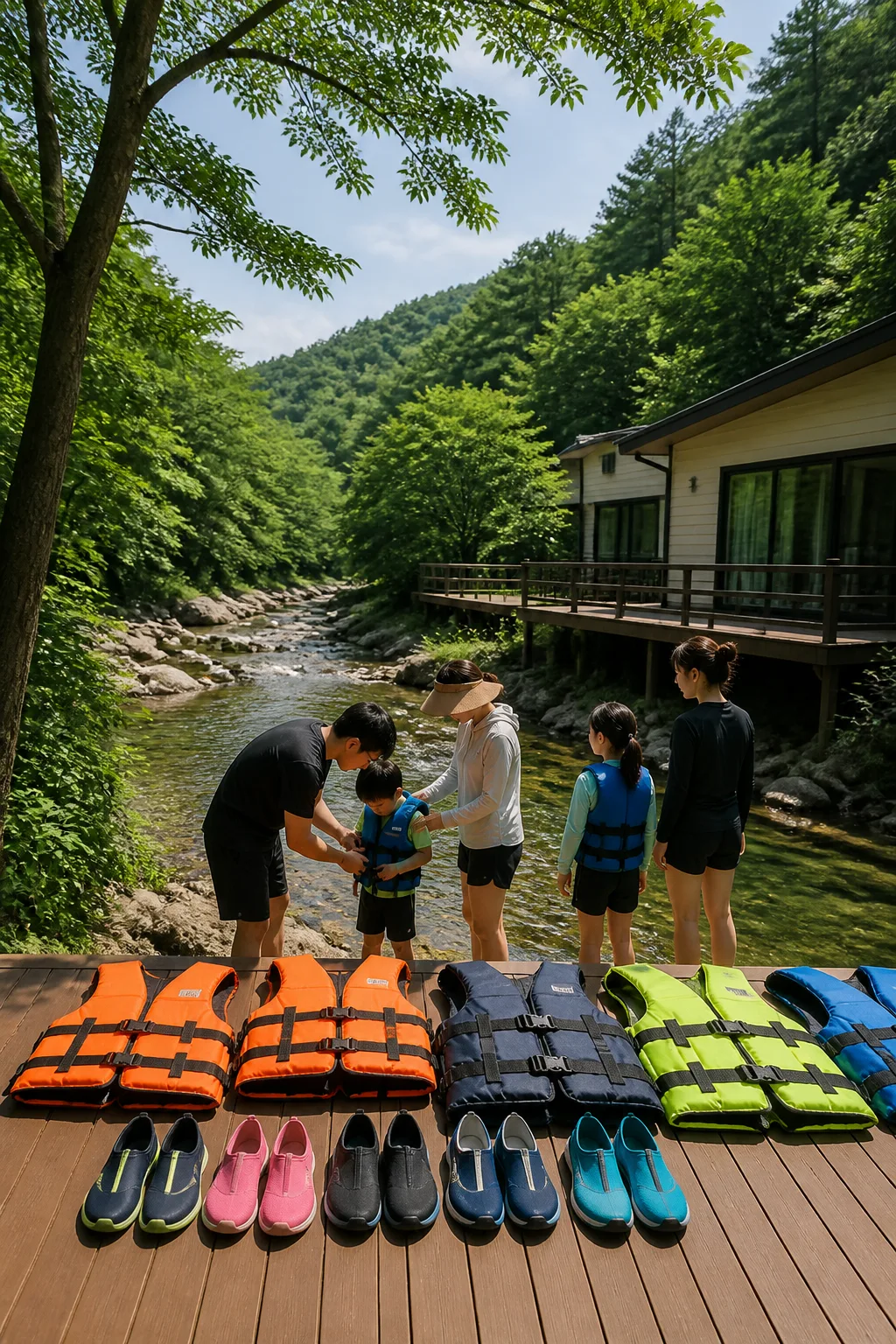 강원도계곡펜션 앞 계곡에서 구명조끼와 아쿠아슈즈를 확인하는 가족 여행 장면